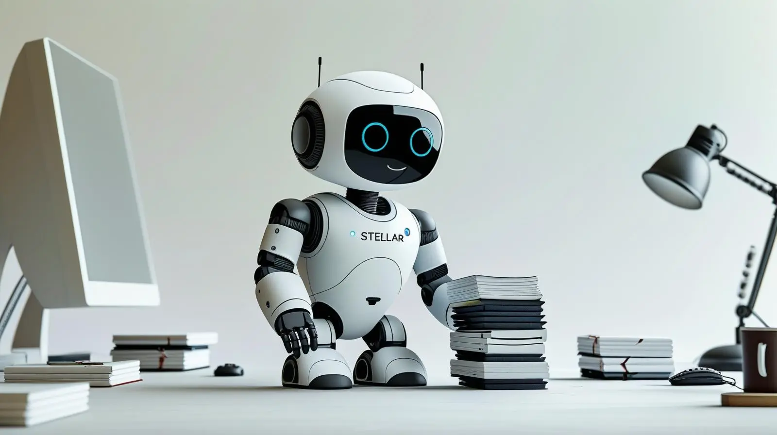 Mascote Robô da STELLAR em uma mesa de escritório